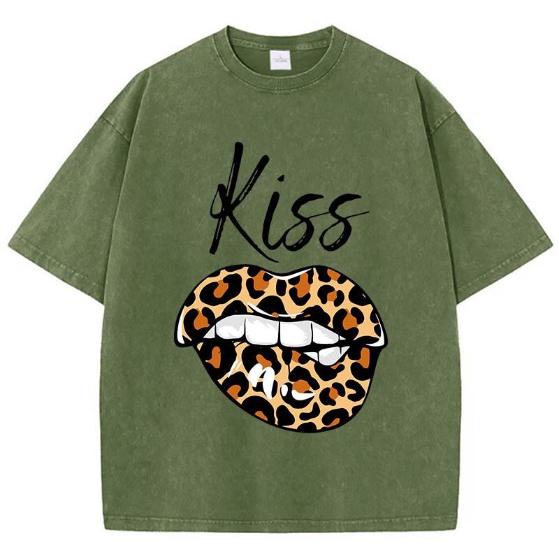 LeopardPrint Lips Kiss Prints Washed T Shirt Women Cotton Streetwear Distressed ONeck Comfortable Tops Summer Womans Clothes