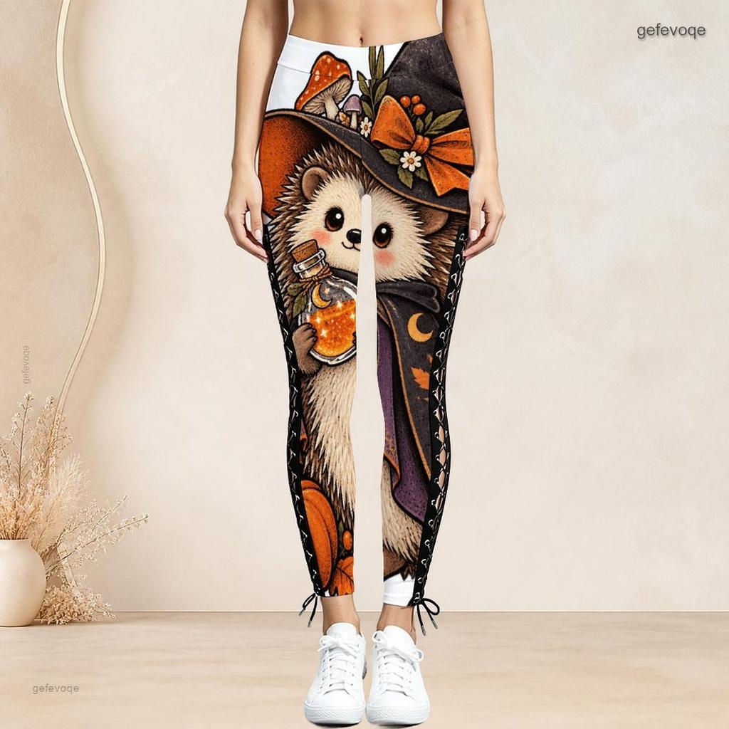 Women Plus Size High Waist Halloween Sloth Printed Side Eyelet Lace Up Full Length Fitted Leggings