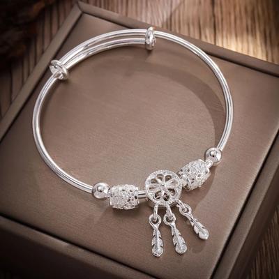 925 Silver Adjustable Dreamcatcher Bracelet with Tassel Feather Round Bead Charm Luxury Wedding Jewelry Gift for Women