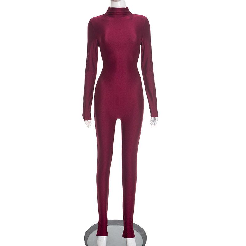 

J25Jp448 European and American New Style Amazon-Style Cross-Border Sexy Solid Color Long-Sleeve Round-Neck Slim-Fit Jumpsuit Wholesale Burgundy M