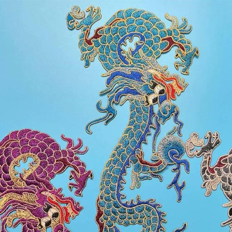 1Pc Blue Golden Chinese Style Large Dragon Sewing Embroidery Patches Clothing Applique Decoration Accessory