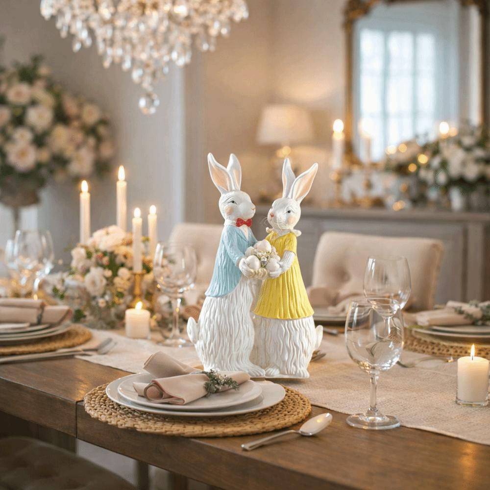 Wood Grain Resin Easter Bunny Decorations Simulation Design Bunny Couple Statue Tabletop Display