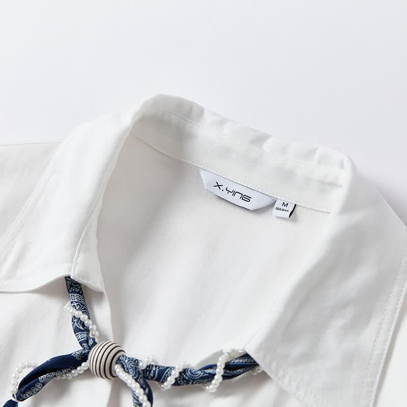 Women's French Style Lyocell Short-Sleeve White Blouse with Scarf Tie