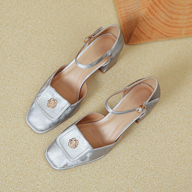 Baotou sandals women's new silver one-word buckle with square head high heels thick heel hollow single shoes