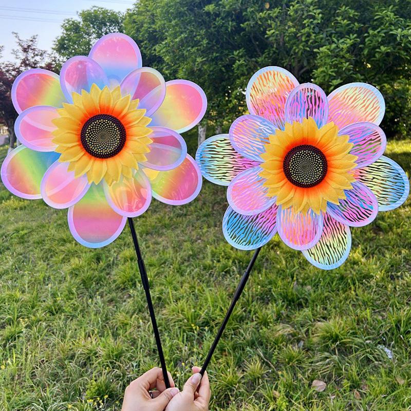 1 Piece Colorful Film Double-Layer Sunflower Windmill Rotating Sunflower Wind Spinner Stake Standing Lawn Flower Pinwheel
