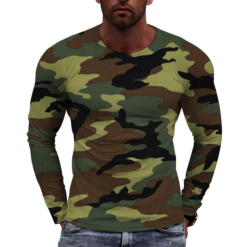 Men's Camouflage Printed Long Sleeve T-shirt European Size Casual round Neck Top Trendy Autumn Wear