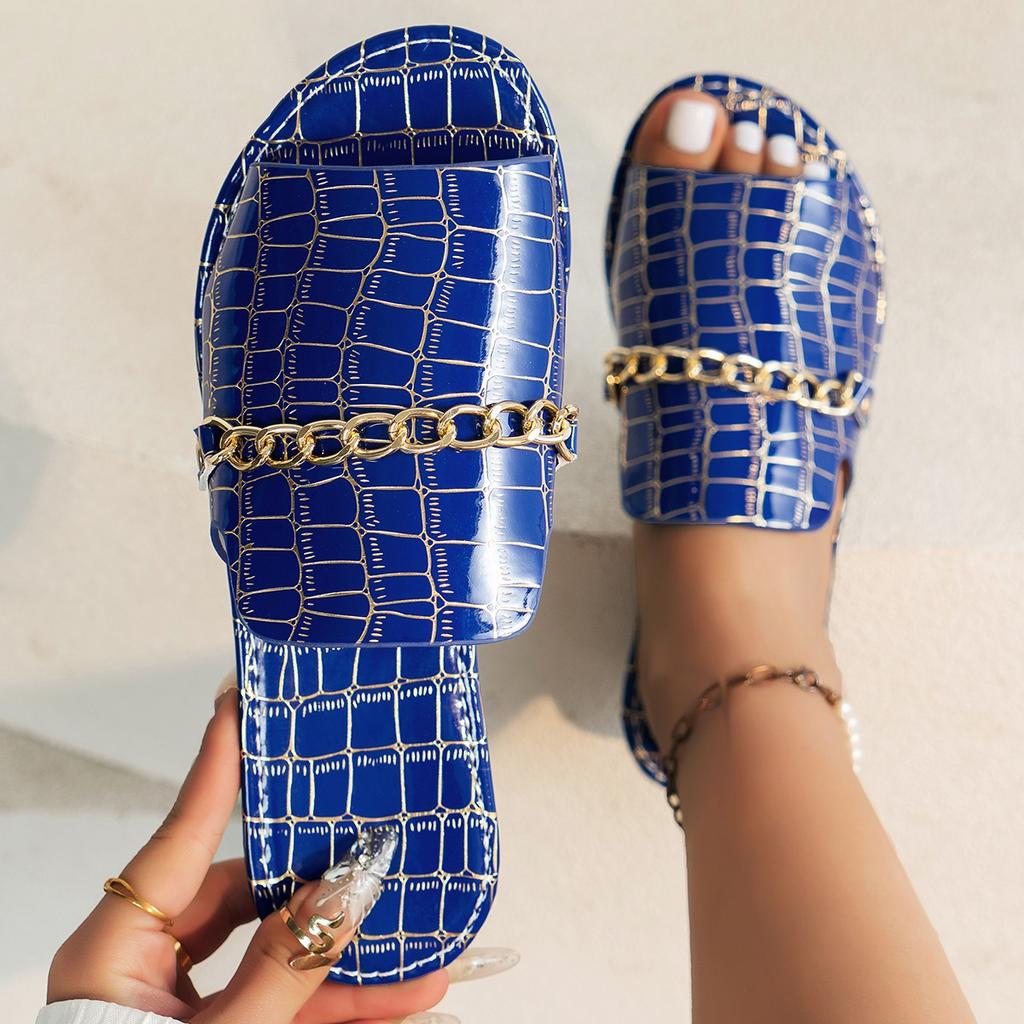European and American large size chain flat bottom one-word slippers stone pattern open-toed beach sandals