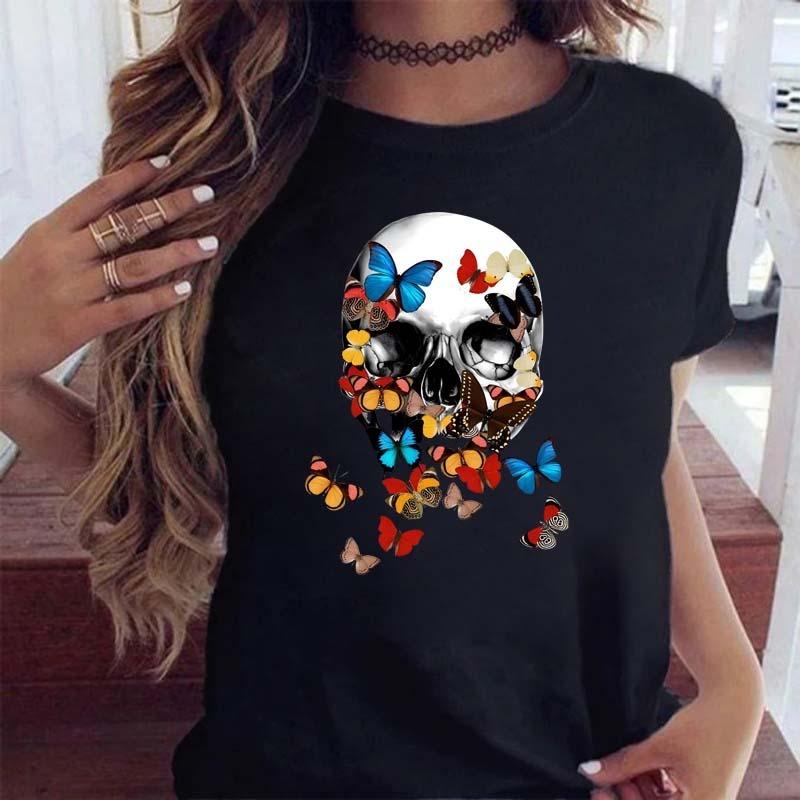Fashion Skull Flower Print Women T Shirt Summer Casual Short Sleeve O Neck Women Tshirt