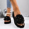 Fashion Fashion Flower Design Wedge Slippers Women Summer Sequins Black Platform Slides Female Stylish Anti-Slip High Heel Sandals Mujer
