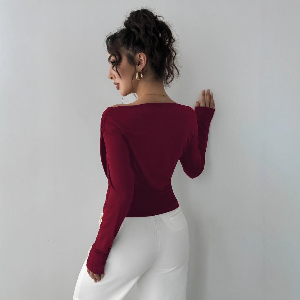 DAFIFY Women's Fashion Casual Spring Autumn Solid Color Print Long Sleeve Oblique Collar Blouses & Shirts