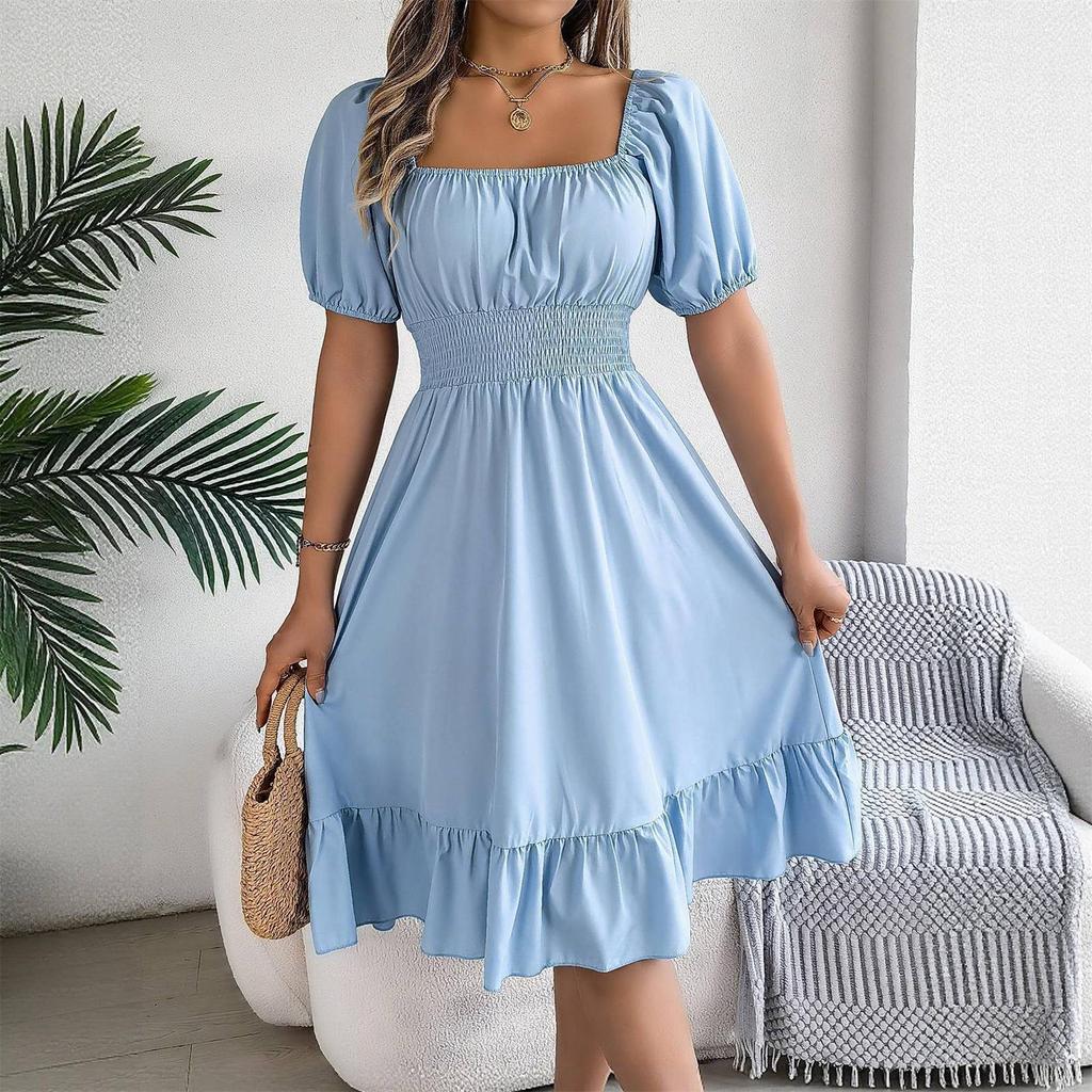 Women's Fashionable Retro Color Square Collar Fungus Hem Waist A-line Long Skirt Short-sleeved Dress