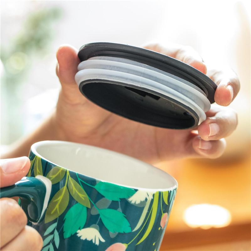 Large Capacity Ceramic Coffee Mug Travel Mug with Lid Latte Mugs With Handle Household Drinking Flower Tea Cup