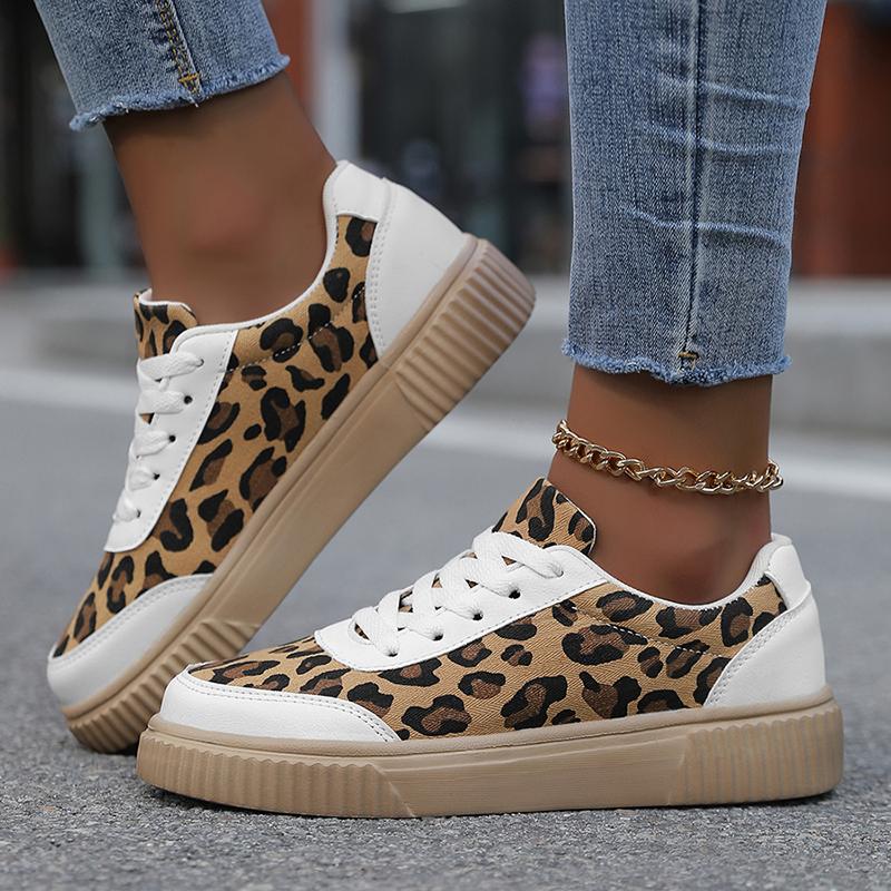 Leopard Print Platform Women's Sneakers Lace-Up Thick Bottom Vulcanize Shoes Woman Canvas Breathable Skateboarding Shoes Ladies