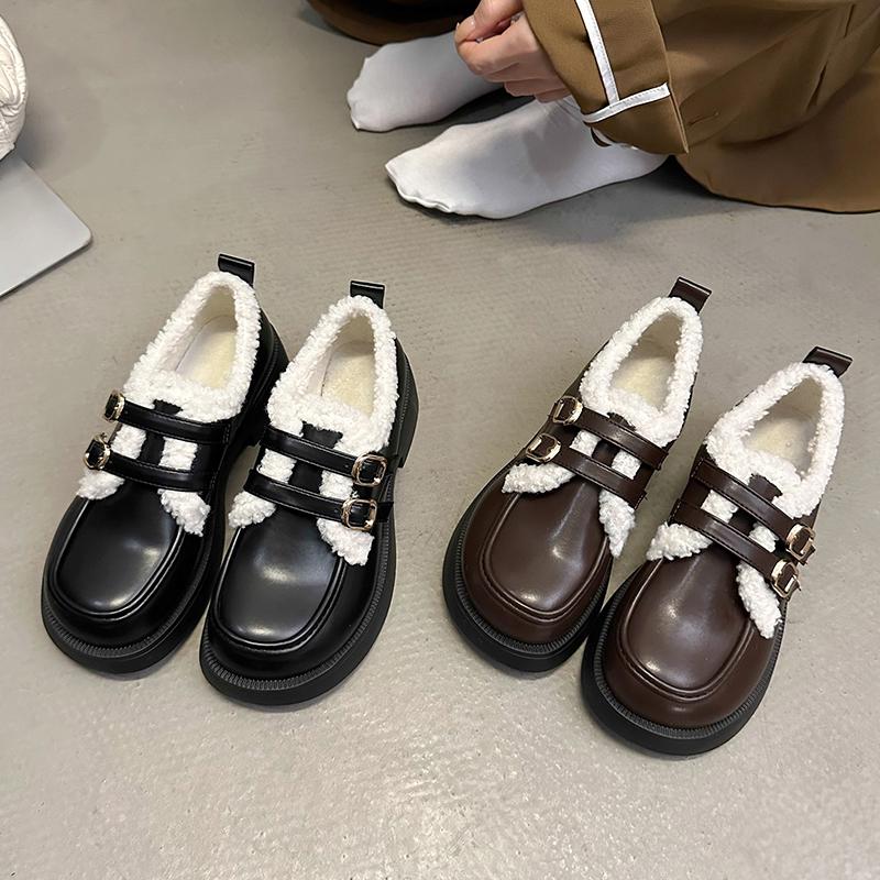 Fashion British Style Leather Shoes for Girls Winter 2024 Thick Soled Lamb Wool Warm Uniform School Cotton Shoes Plush PU Woman