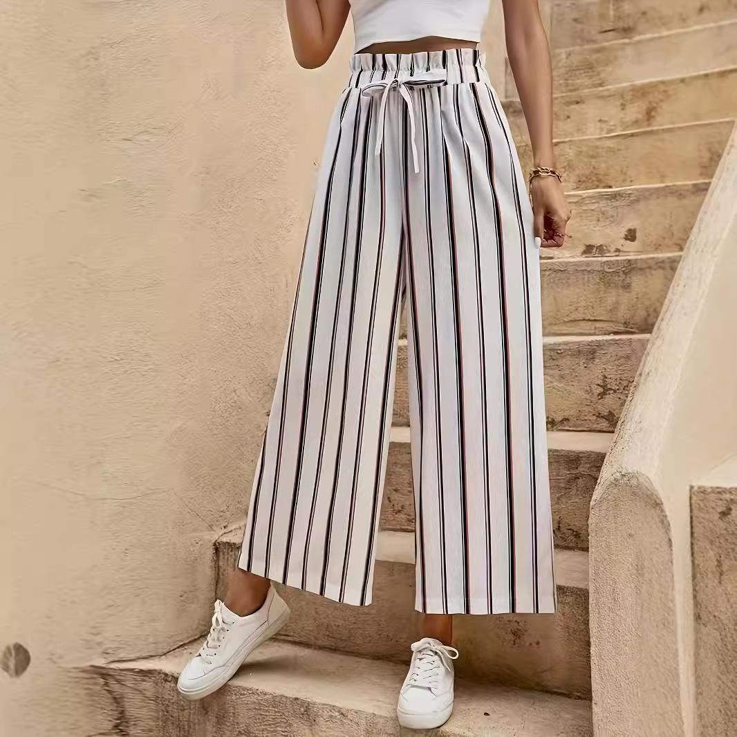 

Summer Vacation-style New Women s Straight-leg Loose-fitting Slimming Casual Striped High-waisted Wide-leg Trousers Versatile Casual Trousers S білий