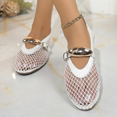 Plus Size Women Round Toe Fishnet Hollow Out Flat Sandals, New Spring Summer European Style Breathable Casual Sandals