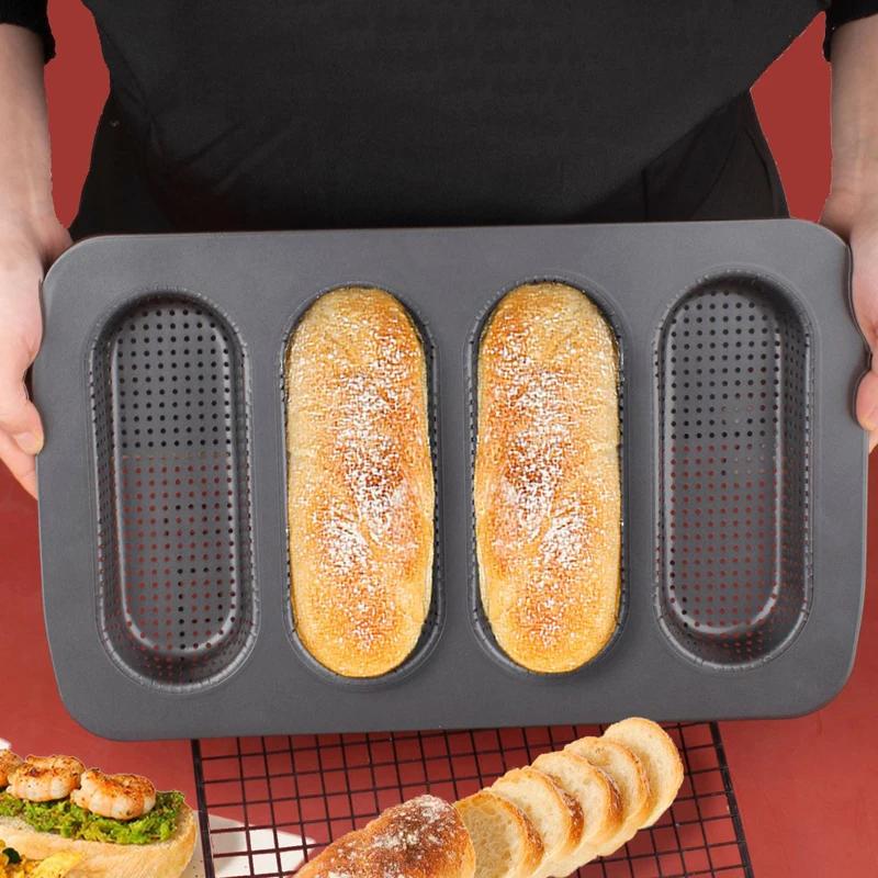 Nonstick Perforated 4 Cup French Bread Mold Carbon Steel Baguette Pan Hot Dog Bun Pan Bakeware Toast Cake Baking Tray Baking Too