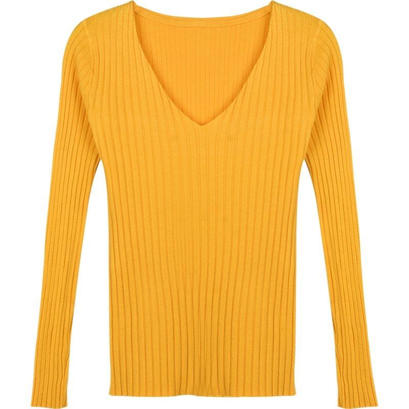 Damen V-Ausschnitt Strickpullover Orange Koreanischer Stil Internetberühmter Pullover für Oberbekleidung Langarm Slim Fit Basis-Pullover für Herbst