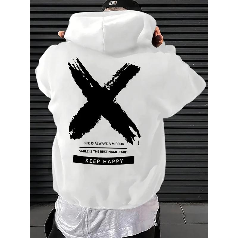 Men's Fashion Street Hip Hop Hoodie Letter Pattern Printed Drawstring Suitable for Spring and Autumn Casual Loose Sweatshirt