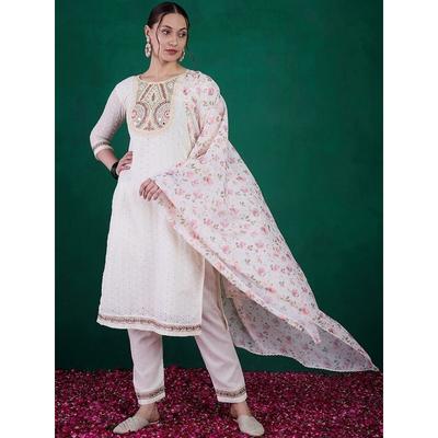 Indická dámská bavlněná sada Kurta se schiffli výšivkou Bollywood Svatba Oblečení Horní část Kurti Sada kalhot VCH-2147