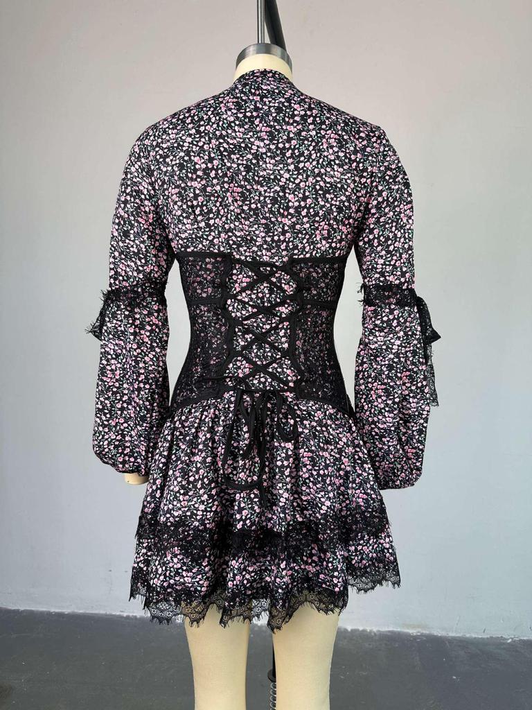 2024 Summer Sweet Print Waist-Cinching Long-Sleeve Lace Dress for Women
