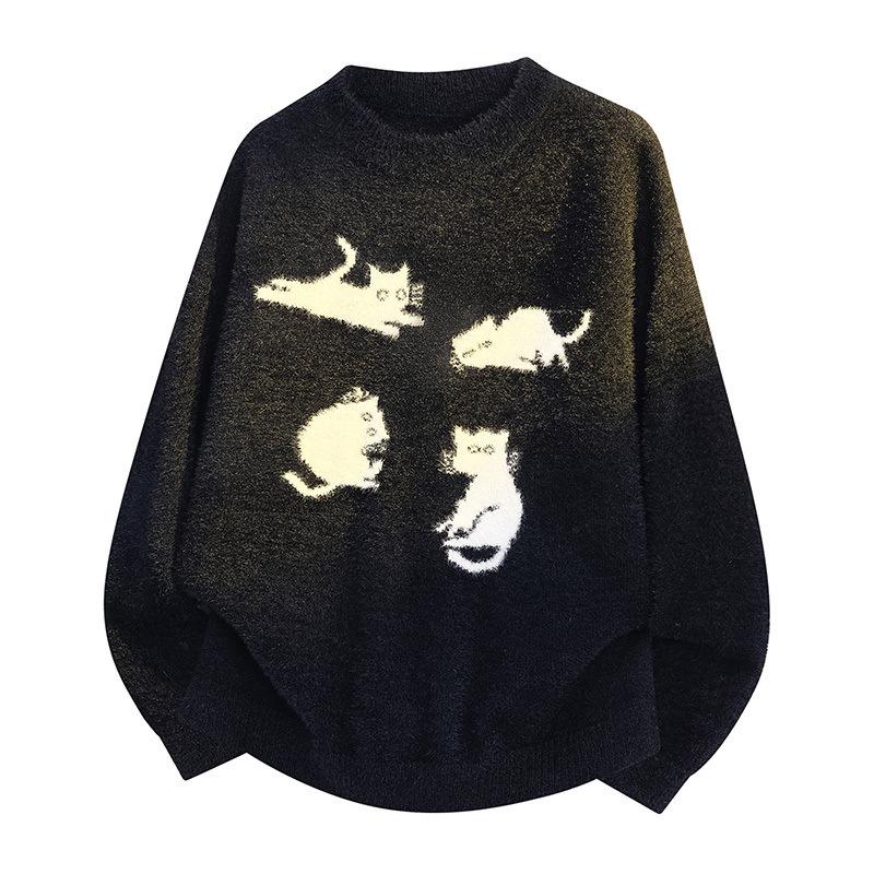 Pullovers Long Sleeves Sweaters Unisex Sweater Spring Autumn Kitten Tie-dyed Retro Couples Paragraph Knitted Bottoming Jumper Round Neck Wool Jumper