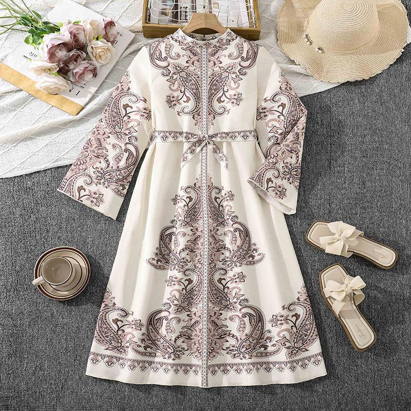 

Girls Fashionable Dress - Spring/Summer Children s Retro Court Style Long-sleeved Printed Tie-waist Wrap-around Dress 170cm=12Y