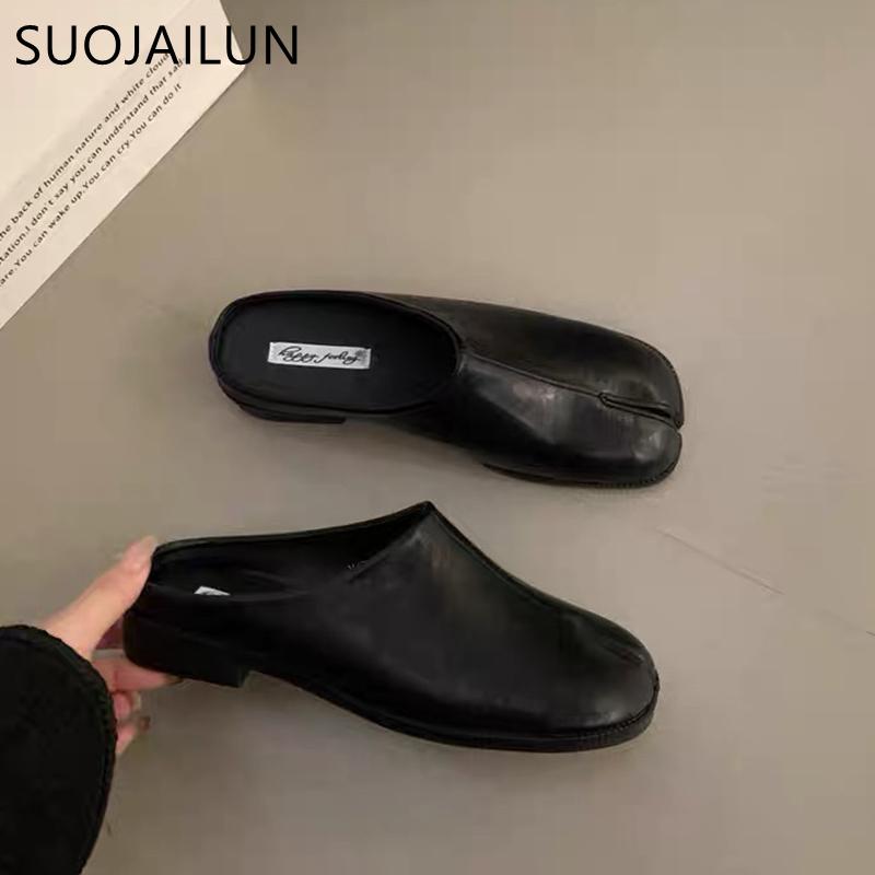 Fashion SUOJIALUN Autumn Women Flat Slipper Fashion Split Toe Slip On Mules Shoes Ladies Casual Soft Flat Heel Outdoor Slides Sandal Sho