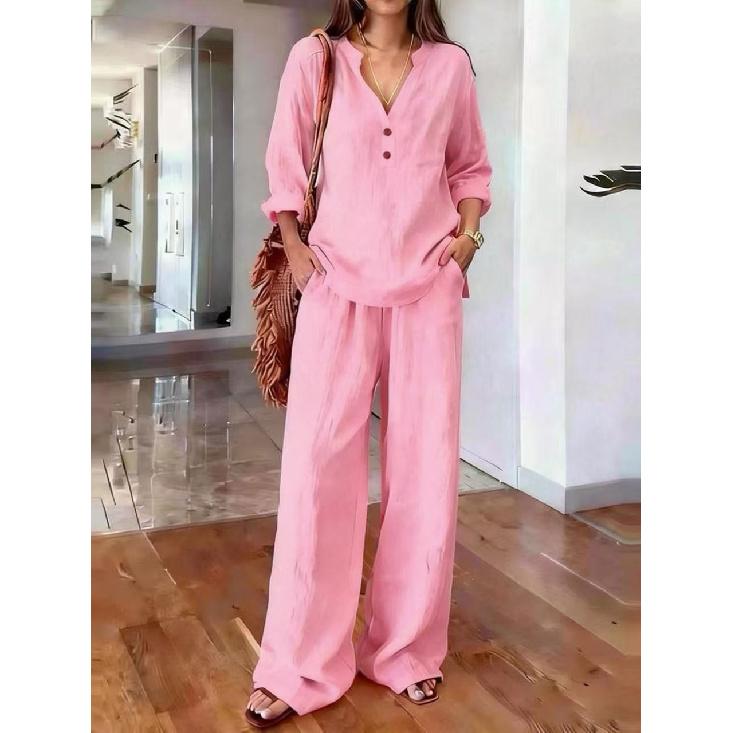 2026 New Women's Suit V-neck Long Sleeve Long Pants Solid Color Loose Casual Two-piece Set