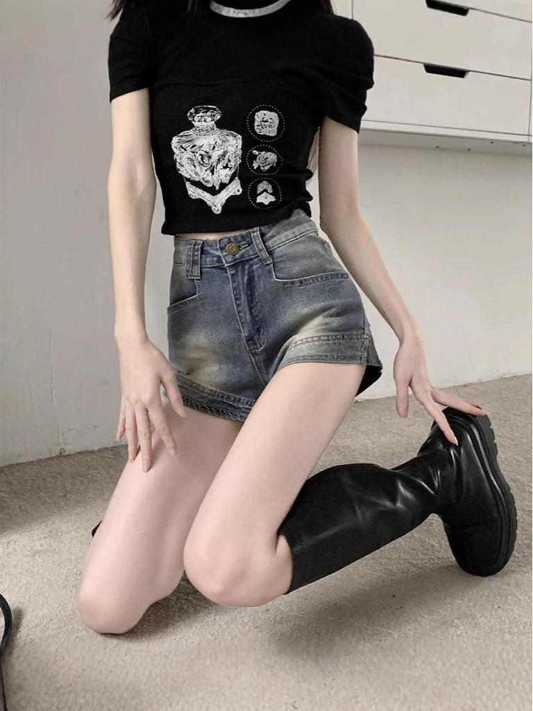 American Retro High Waist A-line Denim Shorts for Women - Summer Style, Elastic Fit, Super Short Hot Pants