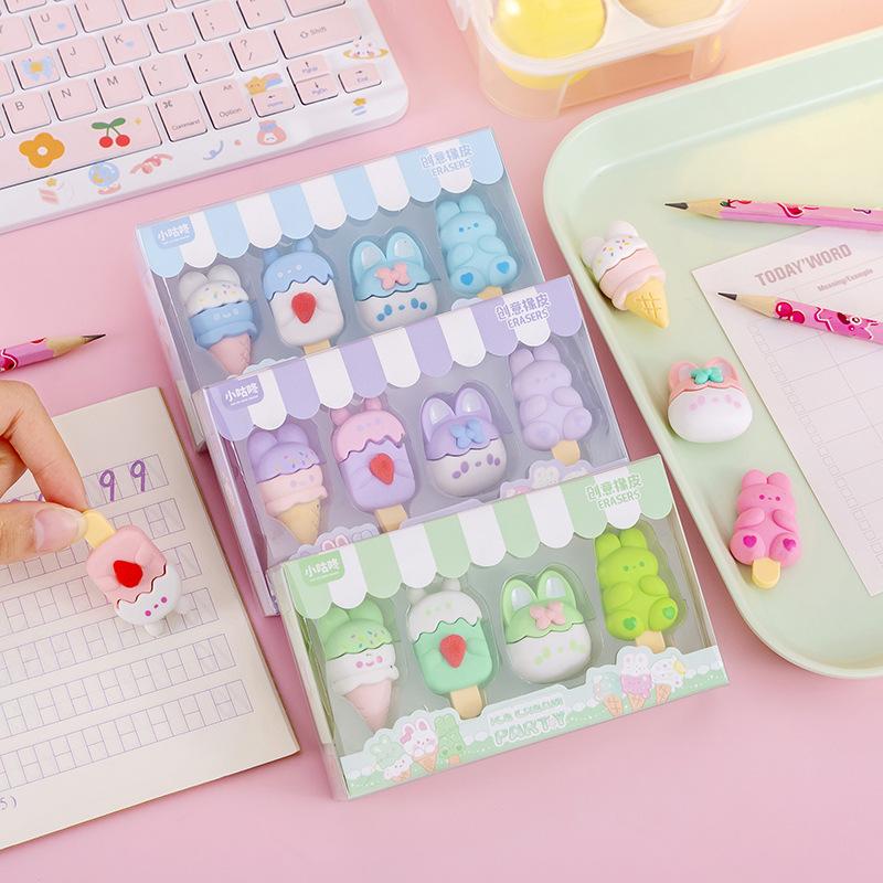 4Pcs/Set Cute Cartoon Girlish Pencil Eraser Kawaii Rabbit Ice Cream Boxed Rubber Student Gift Erasers for Kids Korean Stationery