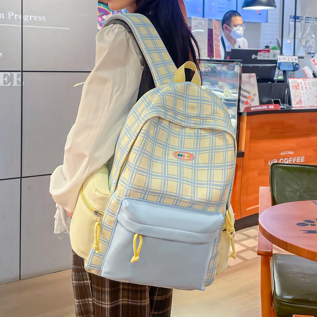 Schoolbag Plaid School Bag Female Students Versatile Small Fresh Junior High School Students Backpack Travel Backpack Tide Large Capacity College