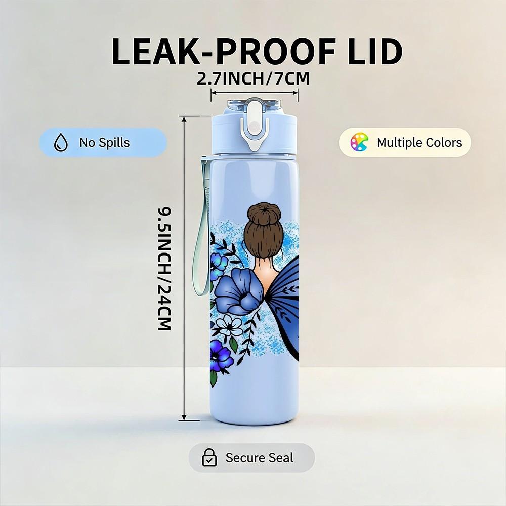 1PC Girl With Blue Butterfly Back Floral Art 750ml Color Plastic Sports Water Bottle Leakproof Flip Straw Lid Suitable for Sports Office Home Use
