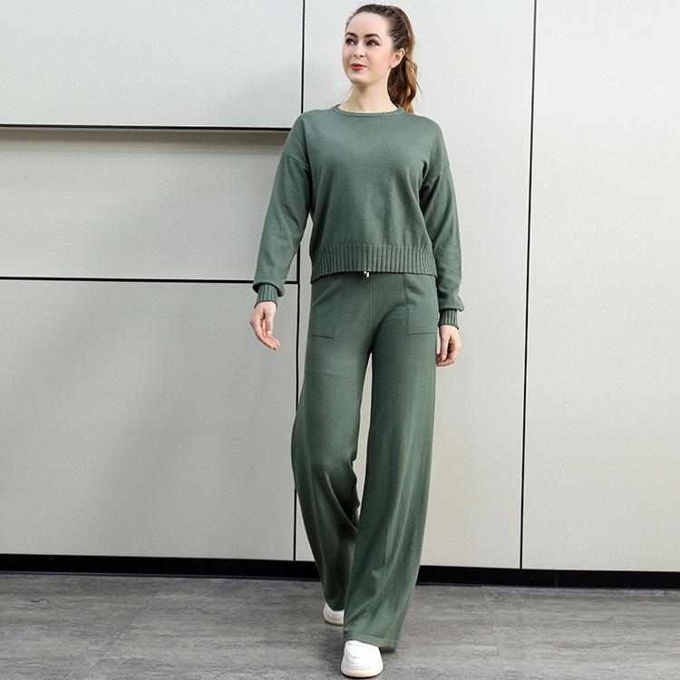 Set de pulover 2 piese ocazional pentru femei Pulover tricotat Top Pantaloni largi Seturi asortate pentru lounge Trening Toamna Iarna Tinute de calatorie Trening pentru femei