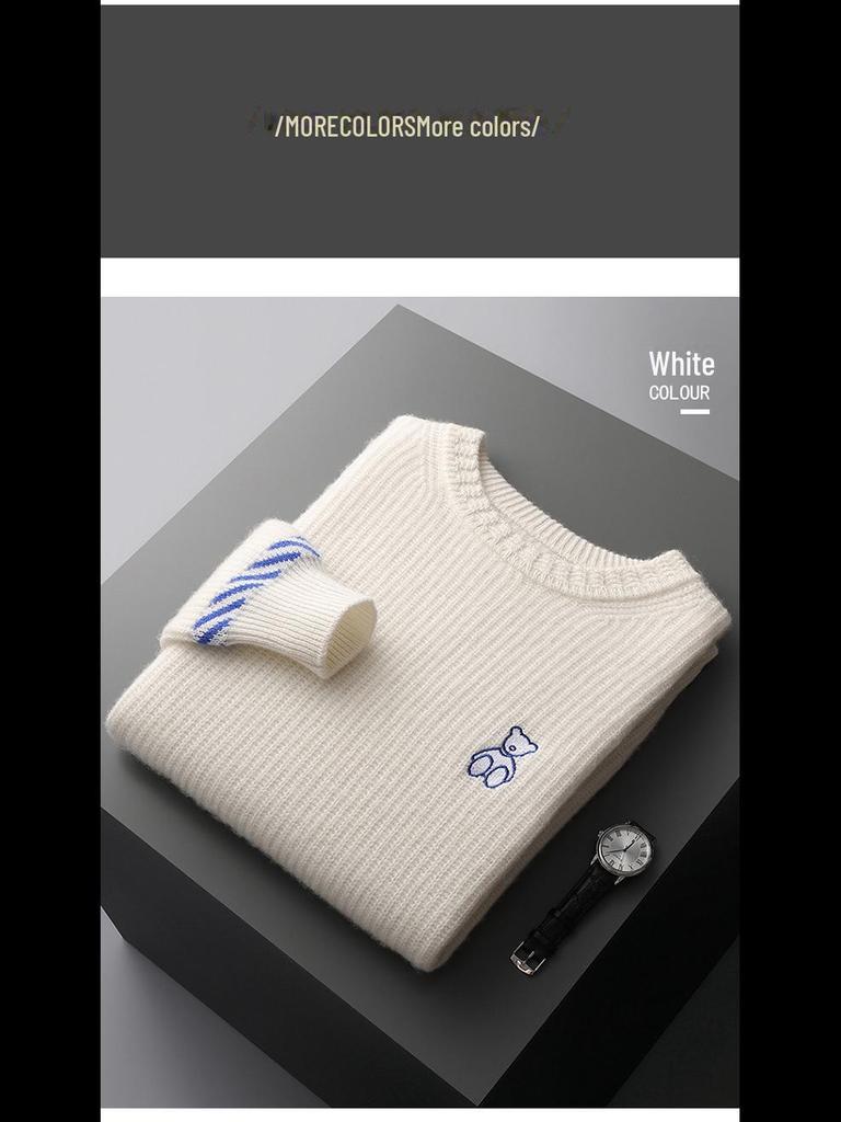 Men's 100% Wool Round Neck Sweater - Thickened, Fashionable, Casual Loose Fit for Teens, Solid Color Knitted Design.