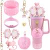 Tumbler Including Silicone Cute Bow Straw Topper Cover, Silicone Cup Boot, Leather Water Bottle Handle Strap, Charms