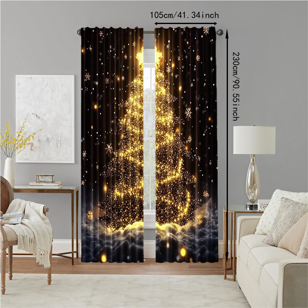 2Pcs Golden Christmas Tree Print Curtains Rod Hole Design For Easy Hanging Perfect For Living Room Bedroom Office Polyester Home