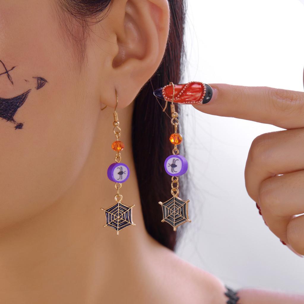 

Halloween Themed Drop Earrings With Sparkling Ghost And Pumpkin Design For Seasonal Wear SpiderWeb