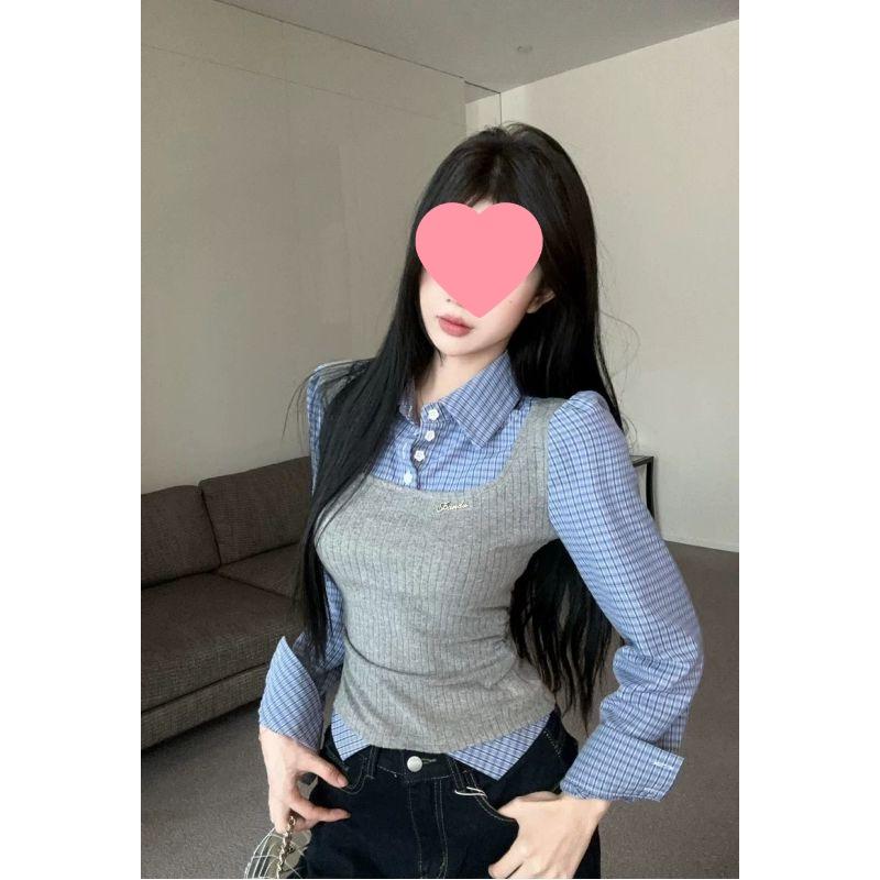 Women's Plaid Layered Shirt: Trendy College Style, Age-Reducing Two-Piece for Autumn/Winter, Featuring Inner Vest and Base Layer.