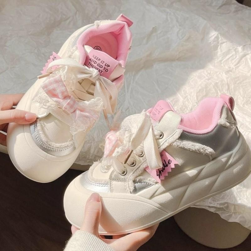 Fashion Korean-style 2025 Spring Women's Dopamine Bow Platform Sneakers - Chunky White Bread Shoes Cute & Versatile Thick-Sole Summer