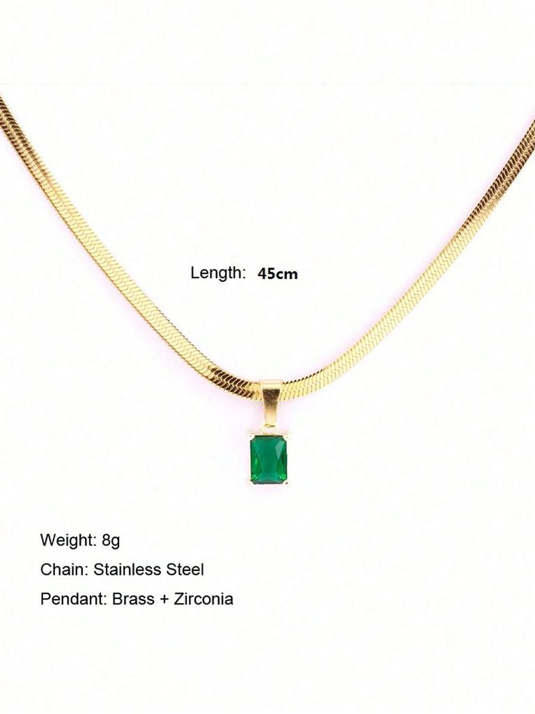 1pc Minimalist Square Cubic Zirconia Pendant Stainless Steel Blade Chain Necklace For Women, Suitable For Daily Wear And Gift