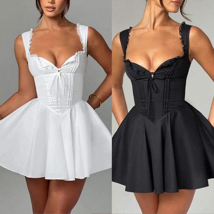 Tief ausgeschnittenes rückenfreies Mini-Korsettkleid für Damen mit Rüschensaum, ärmellos, A-Linie, Party-Club-Kleid