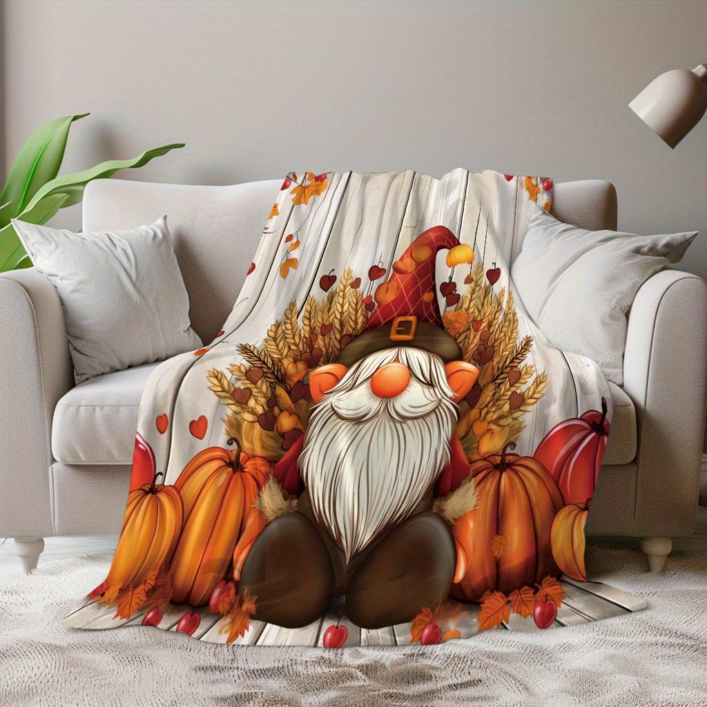 Autumn Harvest Gnome Blanket Comfortable Flannel Polyester, Featuring Digital Prints of Autumn Pumpkins And Wheat A Versatile, Lightweight, And Soft B