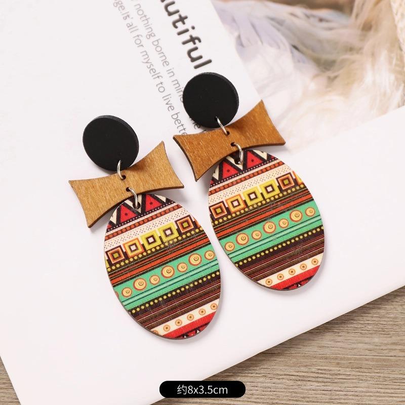 Bohemian Wood Stud Earrings Niche Design Geometric Stripe Print Earrings Femininity Personality Earrings