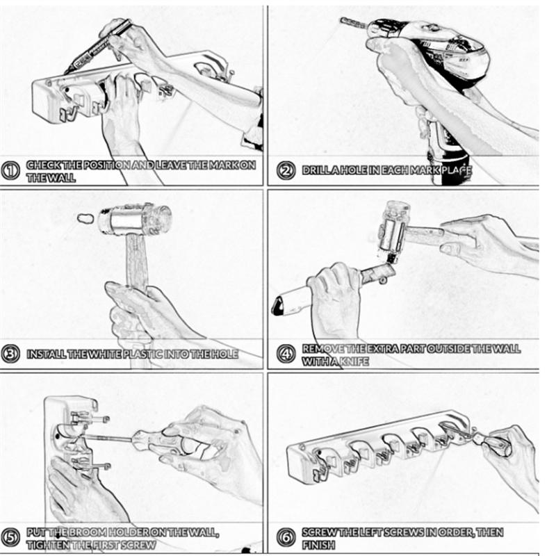 A20F-Broom Holder & Wall Mount Garden Tool Organizer Kitchen, Closet, Garage & Laundry Room Storage 5 Slots & 6 Hooks