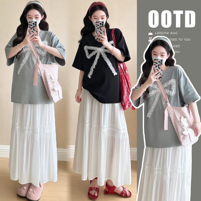 

2026 Korean Style Casual Maternity Two-Piece: Short-Sleeve T-Shirt + Adjustable Skirt with Pig Nose Buckle XL