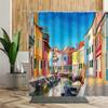 Scenery Shower Curtain Greece Seaside City Blue House Printed Fabric Bath Curtain Home Bath Decoration Bathtub Screen With Hooks