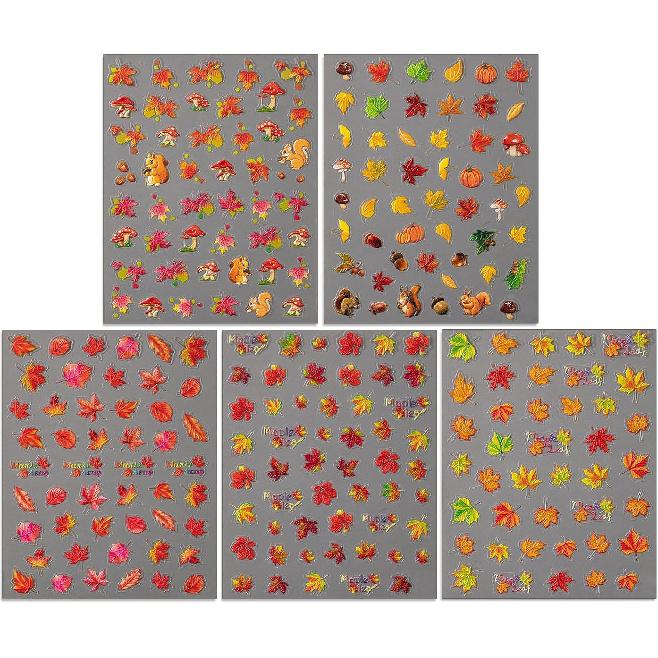 Geprägte Herbst-Nagelkunst-Sticker, 5D Thanksgiving-Tag Nagel-Aufkleber, Selbstklebende Ahornblätter für DIY Herbst-Nagelzubehör Dekoration(5 Blätter)