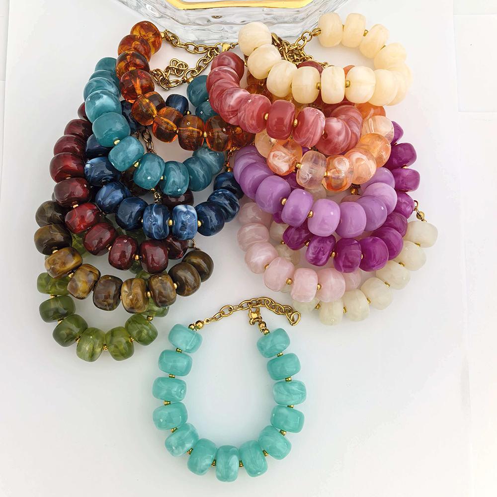 Round Resin Bracelet Women Statement Big Barrel Beads Stainless Steel Waterproof Thick Geometric Gold PVD Beige Coffee