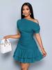 New Dress Summer Popular Women's Clothing Solid Color Slanted Shoulder Slim Ruffle Edge Dress